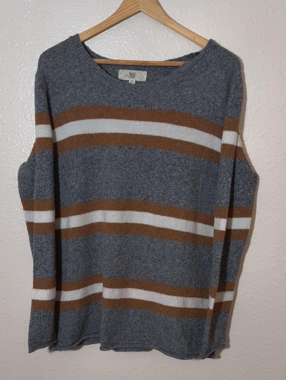 Striped Crewneck Sweater in Grey, Brown & White - Women's Casual Knit